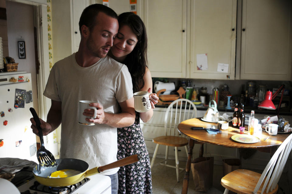 This film image released by Sony Pictures Classics shows Aaron Paul as Charlie Hannah, left, and Mary Elizabeth Winstead as Kate Hannah in a scene from "Smashed." (AP Photo/Sony Pictures Classics, Oana Marian)