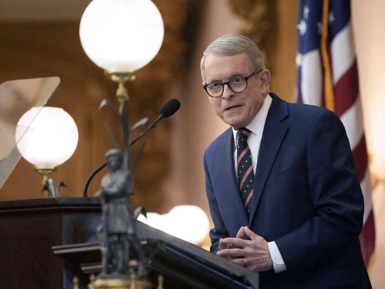 Jan. 31, 2023; Columbus, Ohio, USA; Ohio Governor Mike DeWine presents his budget at the State of the State event at the Ohio Statehouse on Tuesday. Mandatory Credit: Barbara J. Perenic/Columbus Dispatch