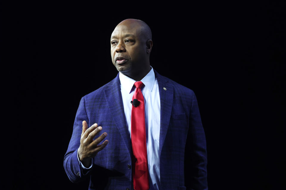 Republican presidential candidate, U.S. Sen. Tim Scott (R-SC) speaks to guests at the Family Leadership Summit on July 14, 2023 in Des Moines, Iowa. Several Republican presidential candidates were scheduled to speak at the event, billed as â€œThe Midwestâ€™s largest gathering of Christians seeking cultural transformation in the family, Church, government, and more. (Scott Olson / Getty Images file)