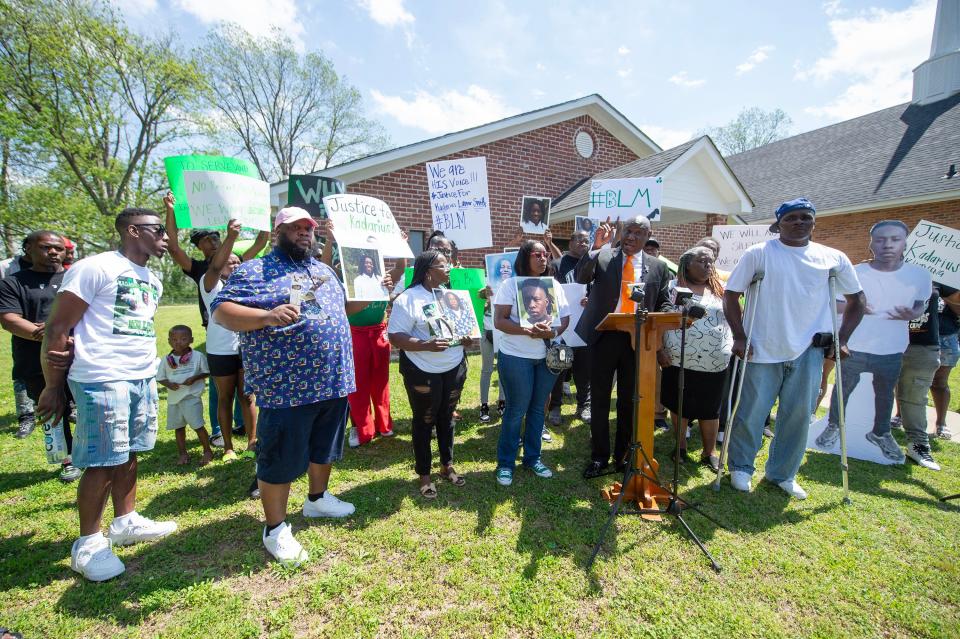 Civil rights attorney Ben Crump speaks as family and friends gather to call for the release of the dash cam video of the death of 17-year-old Kadarius Smith during a news conference in Leland, Tuesday, April 16, 2024. Smith was allegedly run down by a Leland Police cruiser on March 21.