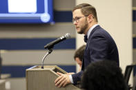 South Carolina Education Department Deputy Superintendent Matthew Ferguson speaks about guidelines banning cellphone use by students during instructional time at a meeting, Tuesday Aug., 13, 2024, in West Columbia, S.C. (AP Photo/Jeffrey Collins)