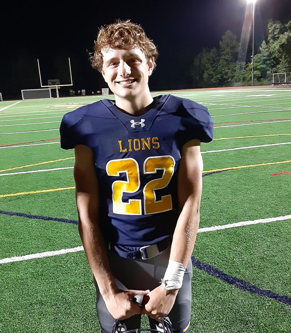 New Hope-Solebury junior running back Jonathan Gormley had a 67-yard touchdown reception in the Lions' 35-8 win over George School on Sept. 1, 2023.