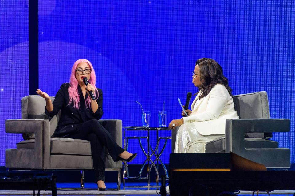 Lady Gaga speaks to Oprah on stage