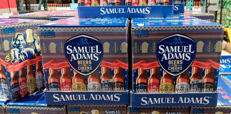 blue and red boxes of Samuel Adams holiday beer at Costco