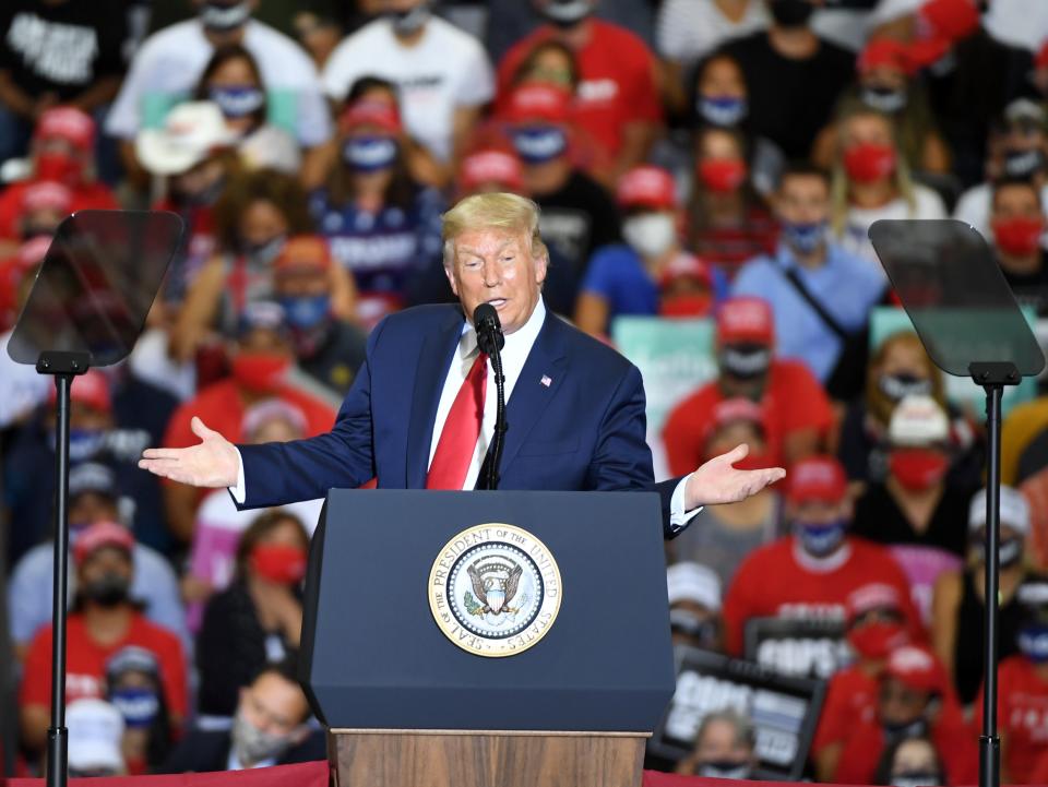 US President Donald Trump speaks during a campaign event at Xtreme Manufacturing on 13 September 2020 in Henderson, Nevada (Getty Images)