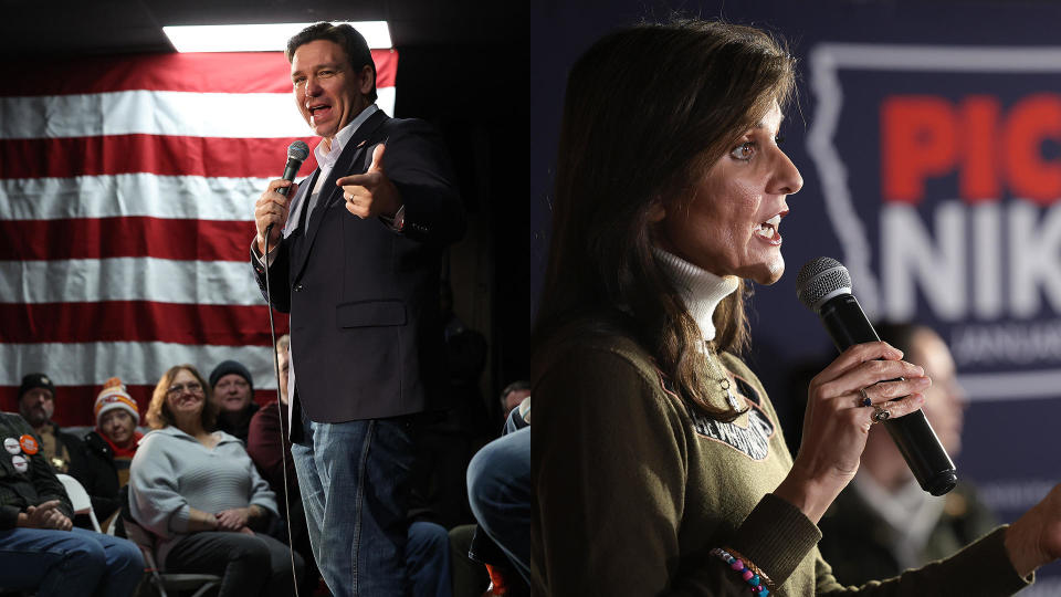 Florida Gov. Ron DeSantis (left), in Council Bluffs, and former U.N. Ambassador Nikki Haley (right), in Davenport, campaign ahead of the Iowa Republican Party caucuses being held Monday. / Credit: Kevin Dietsch, Win McNamee/Getty Images