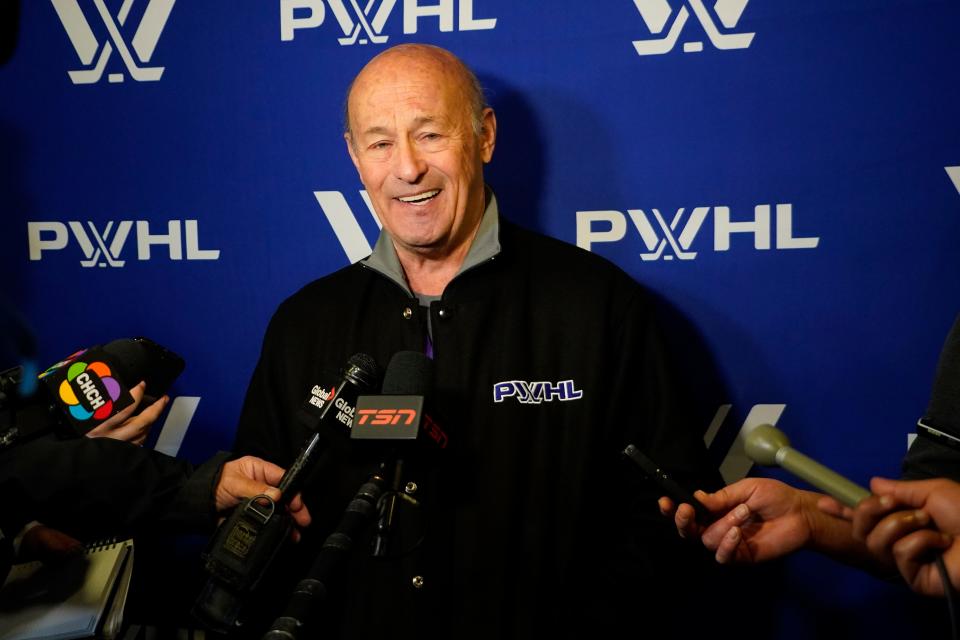 Stan Kasten speaks to the media befor the inaugural PWHL ice hockey game between New York and Toronto at Mattamy Athletic Centre.