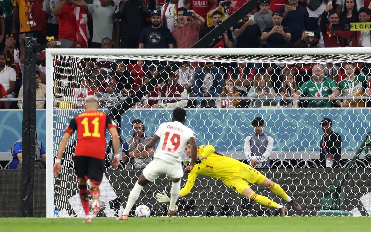 Thibaut Courtois of Belgium saves the penalty taken by Alphonso Davies of Canada during the FIFA World Cup Qatar 2022 Group F match between Belgium and Canada at Ahmad Bin Ali Stadium on November 23, 2022 in Doha, Qatar - Clive Brunskill/Getty Images