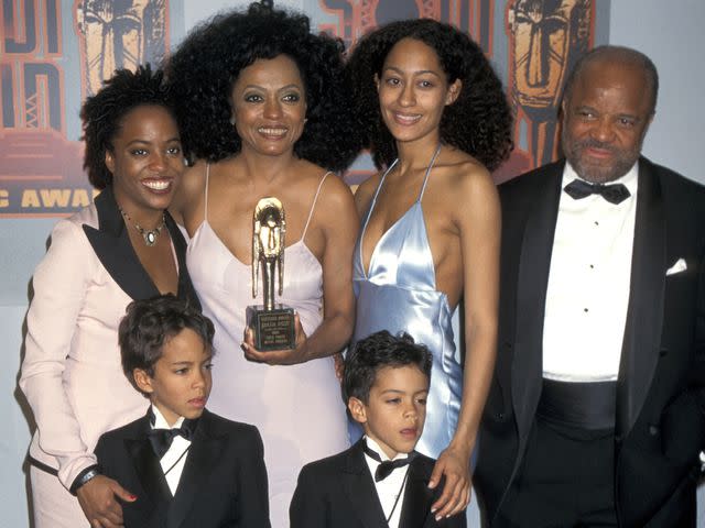 <p>Jim Smeal/Ron Galella Collection/Getty</p> Rhonda Ross, Diana Ross, Tracee Ellis Ross, Berry Gordy, Evan Naess and Ross Naess at the Shrine Auditorium in Los Angeles, California