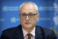 Dr. Gauden Galea, the World Health Organization (WHO) representative in China, speaks during an interview with The Associated Press at the WHO's offices in Beijing, Thursday, Jan. 23, 2020. Galea said that “trying to contain a city of 11 million people is new to science,” as Wuhan canceled departing trains and flights amid a viral outbreak that the representative said could infect thousands. (AP Photo/Mark Schiefelbein)