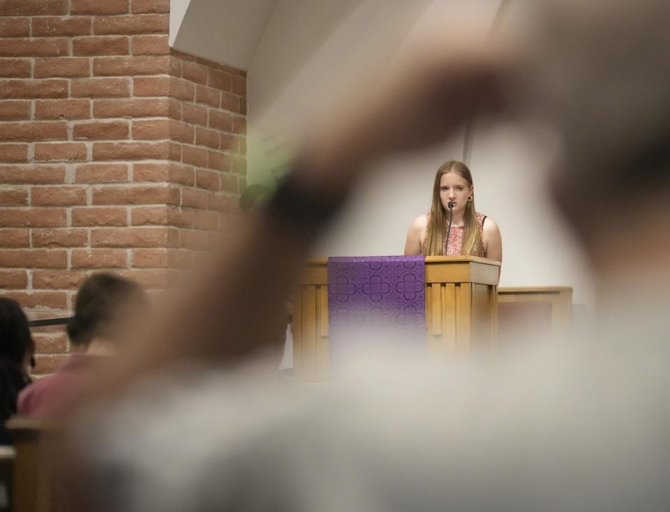 Riana Alexander, a senior at Chandler High, talks about teen suicide during a civic academy on youth mental health in Chandler on March 13, 2023.