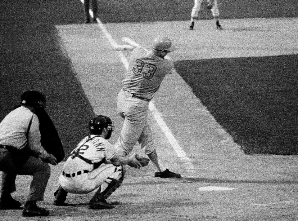 FILE - Washington Senators' Frank Howard (33) takes mighty swing at ball thrown by a Chicago White Sox pitcher during a baseball game in Milwaukee, Aug. 7, 1969. Former major leaguer Howard has died at the age of 87. A spokesperson for the Washington Nationals confirmed the team was informed of Howard's death Monday, Oct. 30, 2023, by his family. (AP Photo/Paul Shane, File)