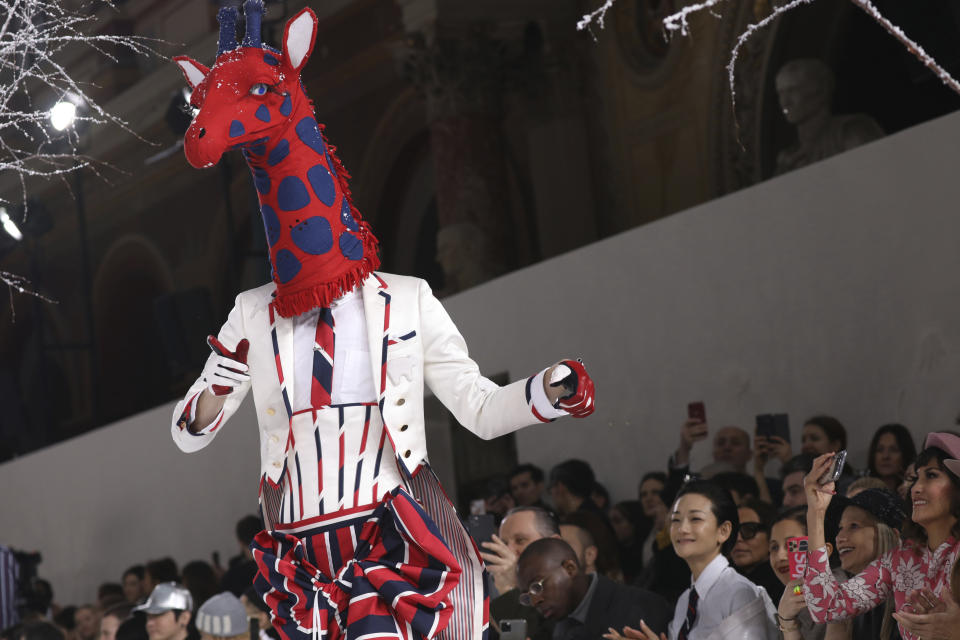 A model wears a creation for the Thom Browne fashion collection during Women's fashion week Fall/Winter 2020/21 presented in Paris, Sunday, March 1, 2020. (Photo by Vianney Le Caer/Invision/AP)