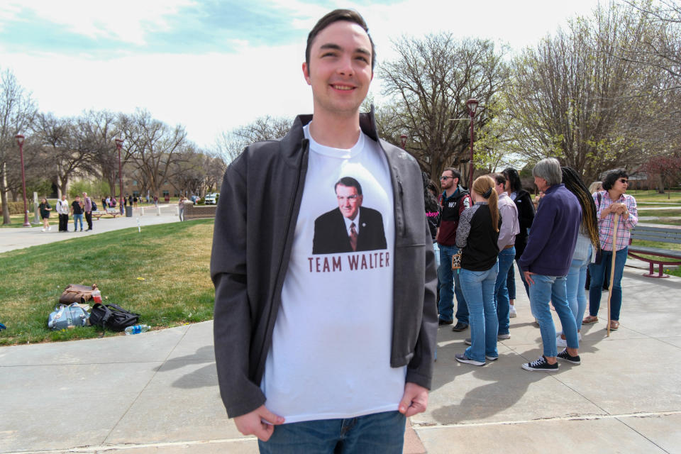 A student wears a T-Shirt Thursday in support of WT President Walter Wendler and his letter canceling a drag show on campus in Canyon.