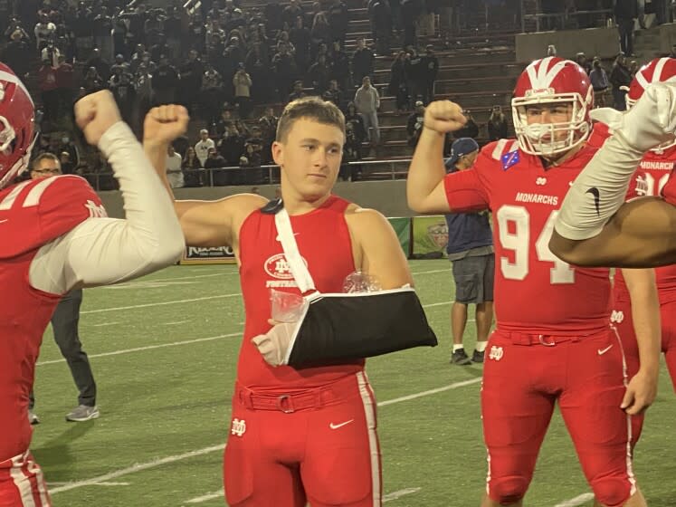 Ryan Di Dodo, Mater Dei's holder on kicks, broke his wrist completing a two-point conversion pass.