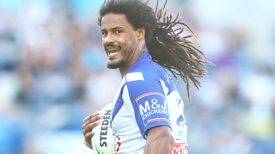 Jayden Okunbor is pictured playing for the Canterbury Bulldogs.