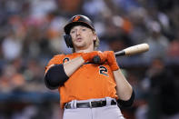Baltimore Orioles' Gunnar Henderson backs off from an inside pitch from the Arizona Diamondbacks during the first inning of a baseball game Saturday, Sept. 2, 2023, in Phoenix. (AP Photo/Ross D. Franklin)