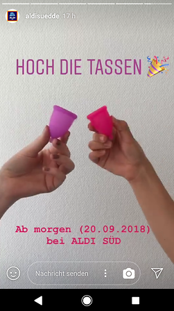 Blaue Flüssigkeit war gestern: Aldi bewirbt Menstruationstassen mit „Hoch die Tassen!“. (Bild: Instagram/aldisuedde)