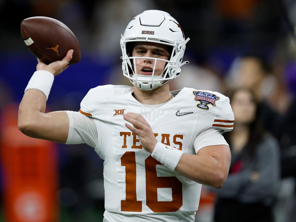 Arch Manning warms up at the CFP Semifinal Allstate Sugar Bowl in January 2024.