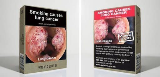 A combo of handout images, released by the Australian Government Department of Health and Ageing in 2010, shows both sides of a generic cigarette packaging with health warnings taking up 85% of the pack and a minimal border. Tobacco firms lost a "watershed" court challenge to Australia's plain packaging laws for cigarettes in a case health advocates said would have a worldwide impact