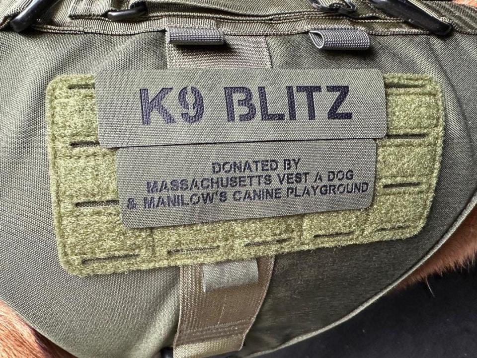 The safety vest worn by Winchendon Police K-9 Officer Blitz was donated by Manilow's Canine Playground in Devens.