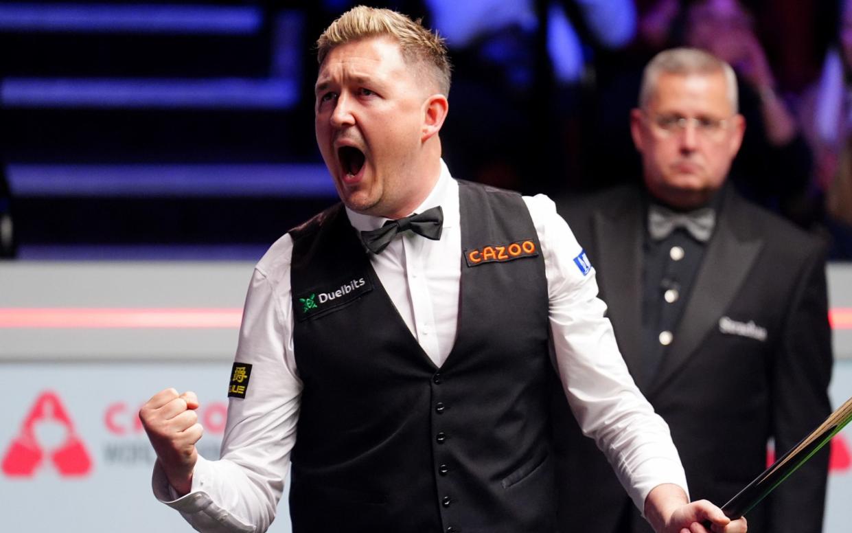 Kyren Wilson celebrates in the final against Jak Jones (not pictured) winning the World Snooker Championship