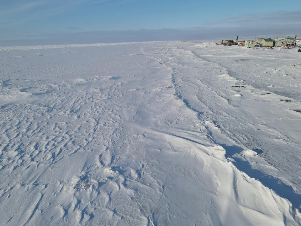 During winter, sea ice protects the island from erosion, but Arctic ice is diminishing. This photo was taken in February 2021. Replogle Swan Sr.