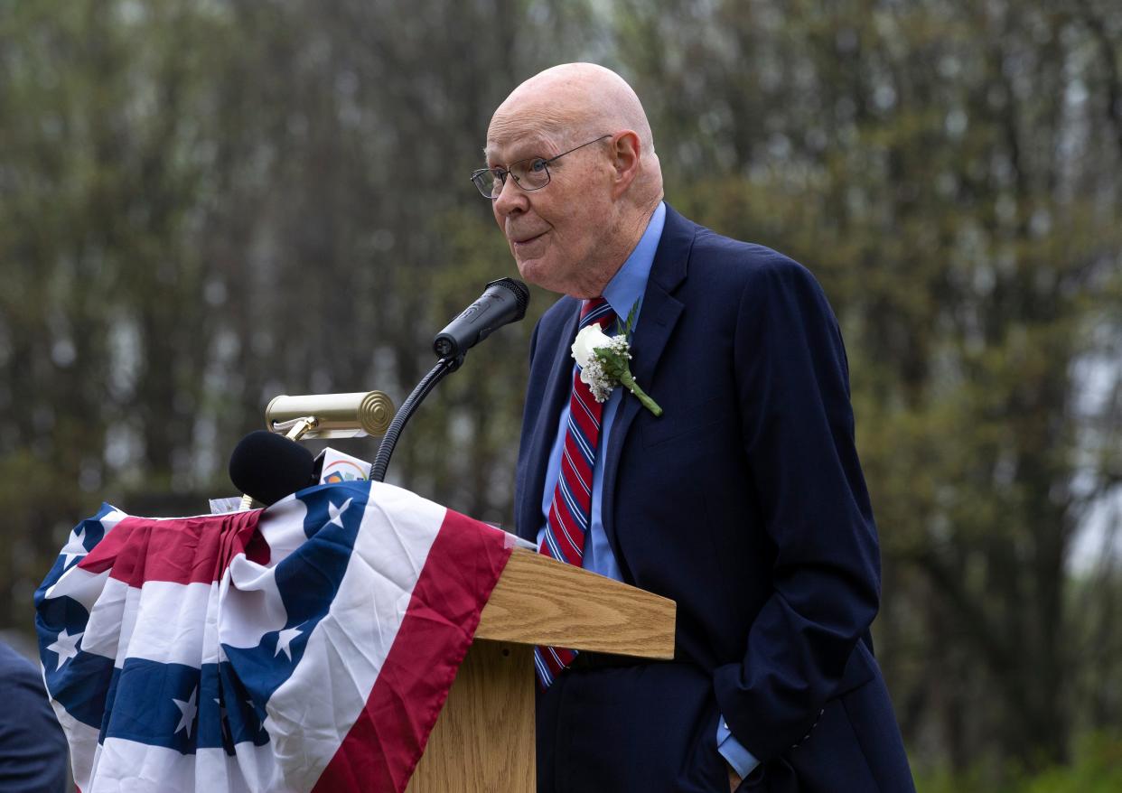 Dr. Robert Wilson attends the ceremony. Officials gather with members of the scientific community in celebration for the dedication ceremony of the Robert Wilson Park. Dr. Robert Wilson, along with Dr. Arno Panzias discovered background radiation in 1964 with use of the horn antenna. This discovery was the first evidence that the universe began with the Big Bang. 
Holmdel, NJ
Saturday, April 20, 2024