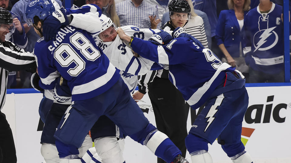 Tensions ran high between the Leafs and Lightning in the third period after an awkward hit on Brayden Point. (Photo by Mark LoMoglio/NHLI via Getty Images)