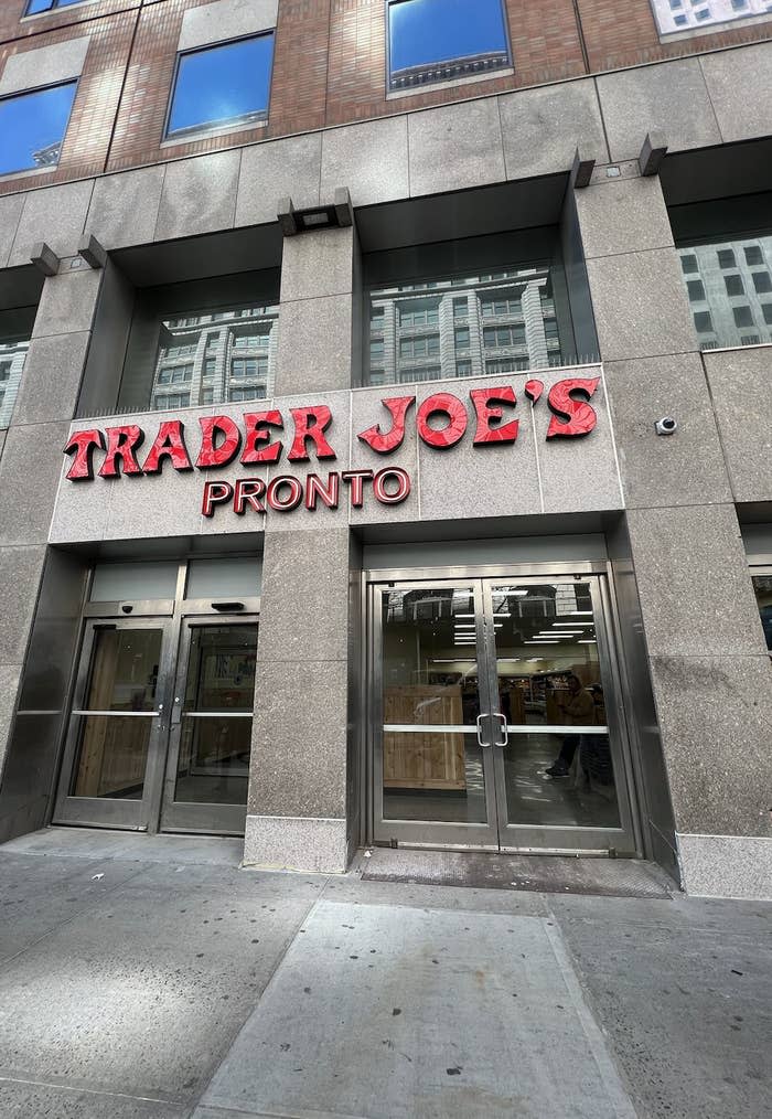 Storefront of Trader Joe's Pronto with signage above the entrance