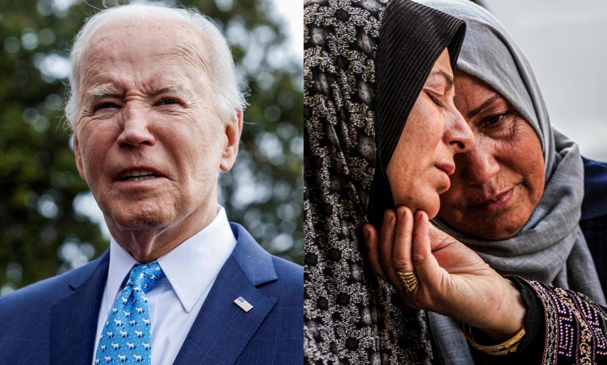 <span>Left, Joe Biden speaks outside the White House on 30 January. Right, Relatives mourn Moaz Odeh, a 29-year-old engineer who was killed by settlers, during his funeral in Nablus, occupied West Bank on 11 October 2023.</span><span>Composite: Reuters, SOPA Images/LightRocket via Getty Images</span>