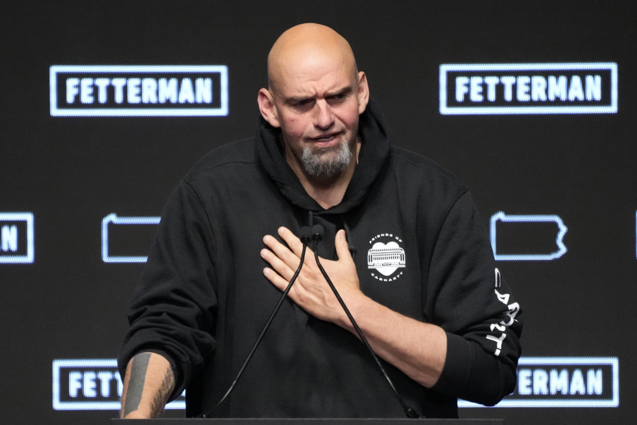 Pennsylvania Lt. Gov. John Fetterman, Democratic candidate for U.S. Senate from Pennsylvania, addresses supporters at an election night party in Pittsburgh, Wednesday, Nov. 9, 2022. According to data from AP VoteCast, about four in five people with no religion voted for Josh Shapiro and Fetterman, both Democrats elected Pennsylvania's newest governor and senator, respectively. (AP Photo/Gene J. Puskar)