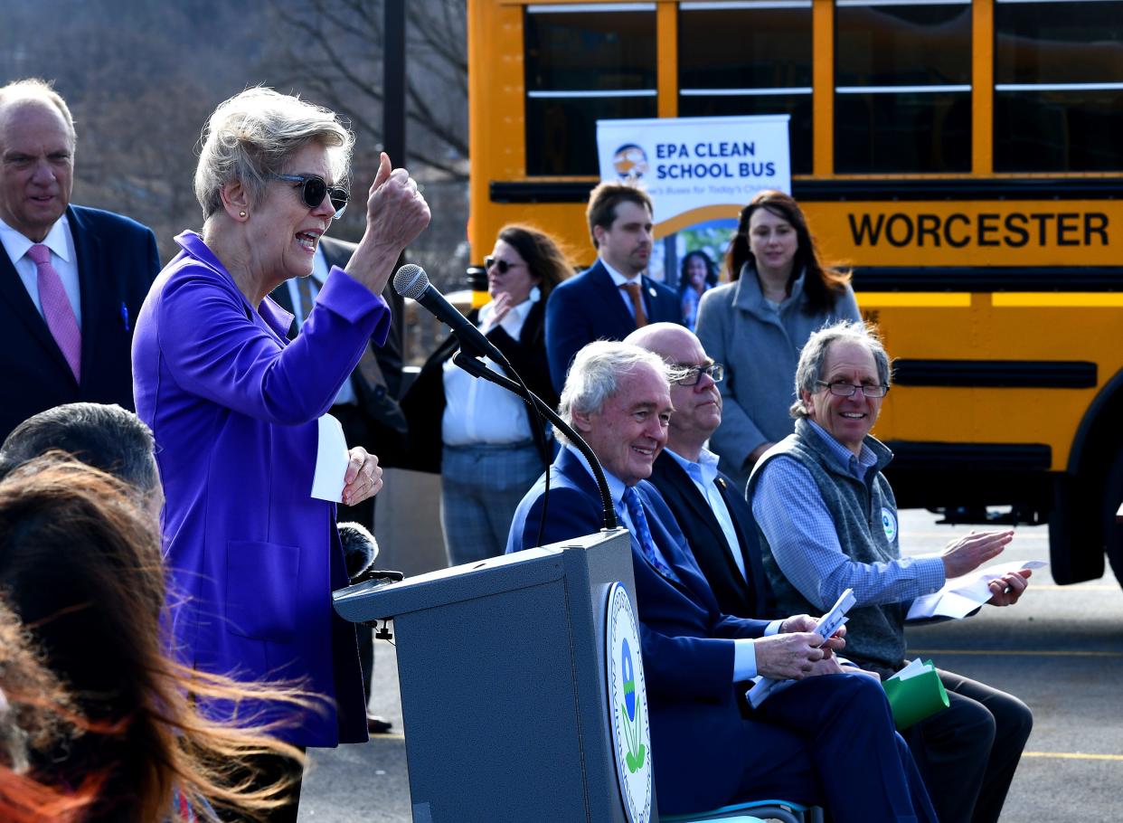 Senator Elizabeth Warren speaks as local, state, and national officials gather to celebrate Worcester Public Schools being awarded a $5.8 million grant from the U.S. Department of Environmental Protection to purchase 15 electric school buses.