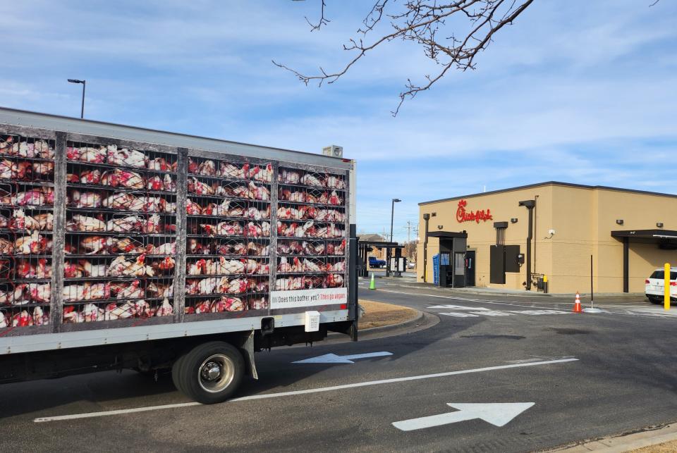 PETA's ‘Hell on Wheels’ traveled through Amarillo protesting chicken consumption Friday and Saturday as a part of its nationwide campaign urging people to go vegan.