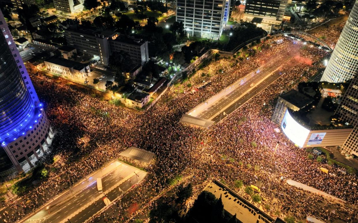 A drone view of protesters in Tel Aviv