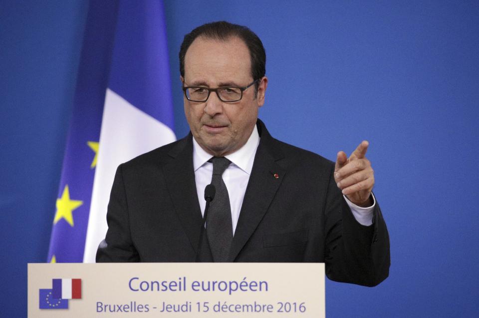 French President Francois Hollande speaks during a media conference at the end of an EU Summit in Brussels on Thursday, Dec. 15, 2016. European Union leaders met in a separate session Thursday evening without Prime Minister Theresa May as they try to chart the way ahead with an EU of 27 members without Britain. (AP Photo/Olivier Matthys)