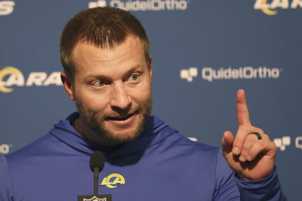 FILE - Los Angeles Rams head coach Sean McVay speaks to reporters after an NFL football game against the San Francisco 49ers in Santa Clara, Calif., Sunday, Jan. 7, 2024. NFL teams are set to dole up billions in free agent contracts in the coming weeks as teams around the league hope that bold moves in March will pay off with wins on the field once the season starts. The Rams got into the postseason after spending only $10.2 million in free agency. (AP Photo/Jed Jacobsohn, File)