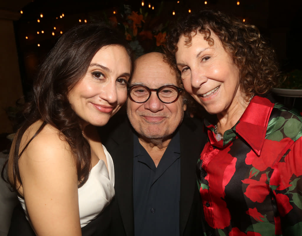 NEW YORK, NEW YORK - NOVEMBER 2: (EXCLUSIVE COVERAGE) (L-R) Lucy DeVito, Danny DeVito and Rhea Perlman pose at the opening night after party for the new play "I Need That" on Broadway at Bond 45 on November 2, 2023 in New York City. (Photo by Bruce Glikas/WireImage)<p>Bruce Glikas/Getty Images</p>
