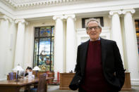 Author and biographer Robert Caro appears inside the The Patricia D. Klingenstein Library as he tours a permanent exhibit in his honor, "Turn Every Page": Inside the Robert A. Caro Archive, at the New York Historical Society Museum & Library in New York on Wednesday, Oct. 20, 2021. (AP Photo/John Minchillo)