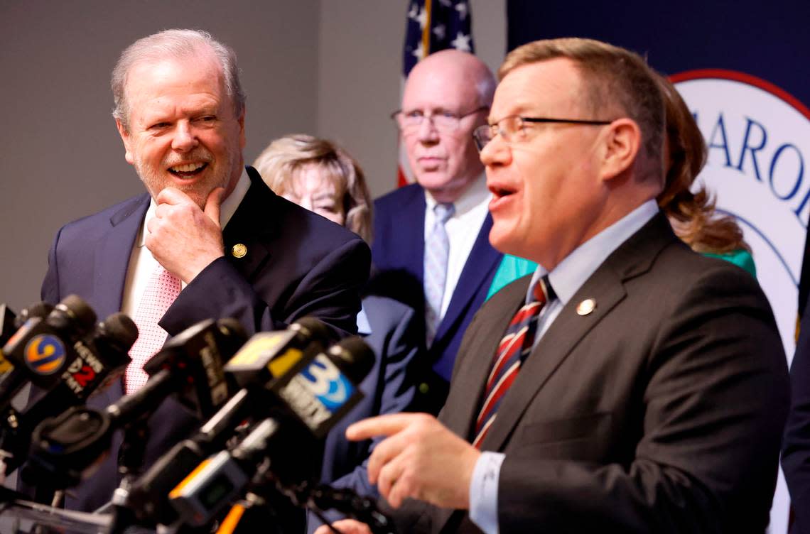 N.C. Senate leader Phil Berger, left, and House Speaker Tim Moore, right, share a laugh during a press conference at the N.C. GOP headquarters in Raleigh, N.C. on April 5, 2023. Ethan Hyman/ehyman@newsobserver.com