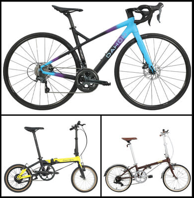 Products using “V Tech”: 700C Wheel Road Bike (top), K-Feather E-bike (bottom left), BOARD Walk D7 (bottom right)