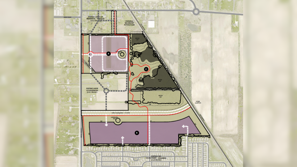 <em>The new proposal splits the development into three main sections, with multi-family units to be built on section A and single-family homes on section B. (Courtesy Photo/Dublin Planning and Zoning Commission)</em>