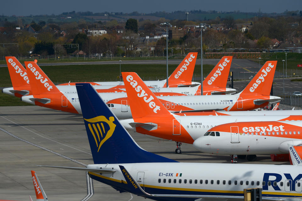 Ryanair and EasyJet aircrafts parked at Southend airport, England. (Nick Ansell/PA via Getty)