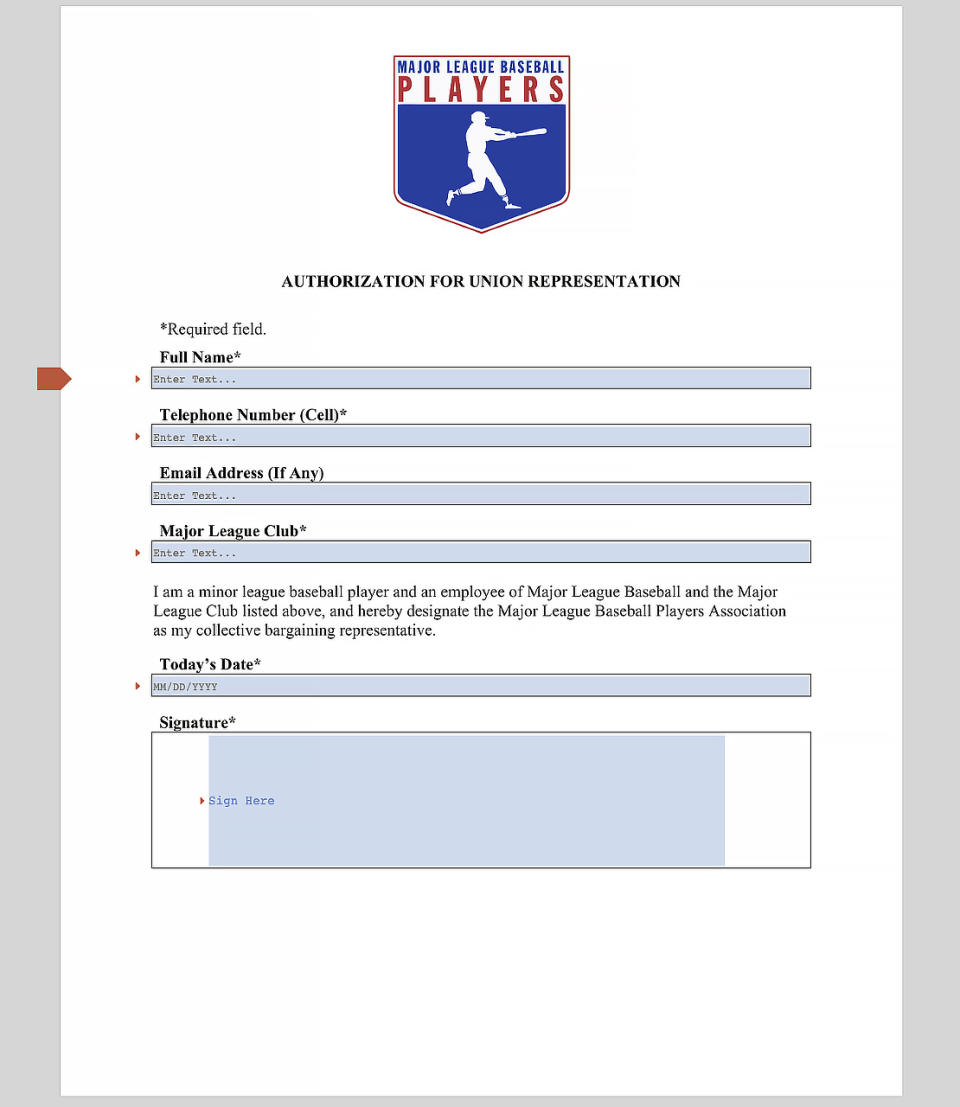 This image provided by the Major League Baseball Players Association shows a Union Authorization Card. The Major League Baseball Players Association became the bargaining agent for more than 5,500 minor leaguers on Wednesday, Sept. 14, 2022 completing a lightning fast organization campaign that launched just 17 days earlier. (Major League Baseball Players Association via AP)