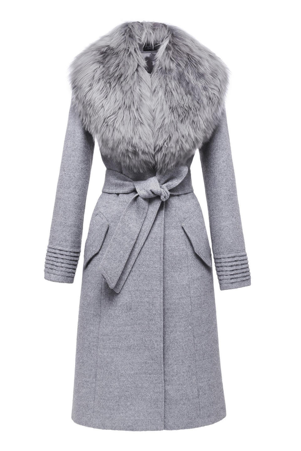 belted long coat with fur collar