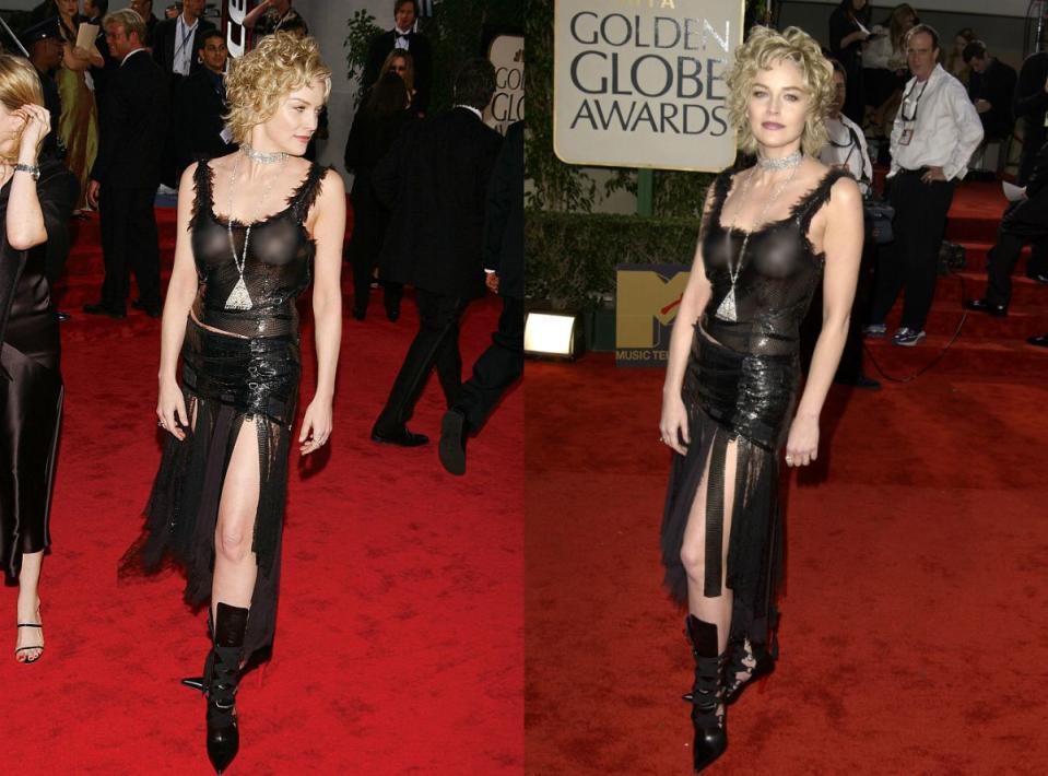 <p>Vor den Kardashians, Rihanna und Nicki versorgte uns Sharon Stone auf dem Roten Teppich mit tiefen Einblicken. Bei der 60. Golden Globes zeigte die blonde Schönheit in einem durchsichtigen schwarzen Versace-Kleid im Gothik-Stil freizügig ihre Brüste. (Bild: Getty) </p>