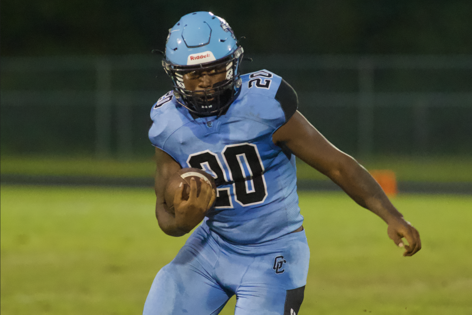 Gadsden County senior Raqayvious Lewis (20) runs the ball up field in a game between Florida High and Gadsden County on Sep.15, 2023, at Gadsden County High School. The Seminoles won, 45-22.