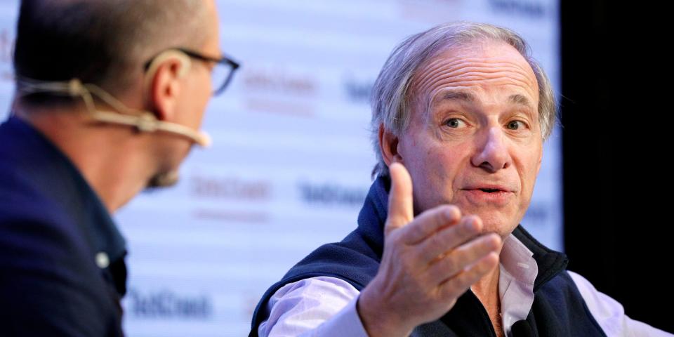 TechCrunch Contributor Gregg Schoenberg and Bridgewater Associates Founder & Co-Chairman/Co-CIO Ray Dalio speak onstage during TechCrunch Disrupt San Francisco 2019 at Moscone Convention Center on October 02, 2019 in San Francisco, California.