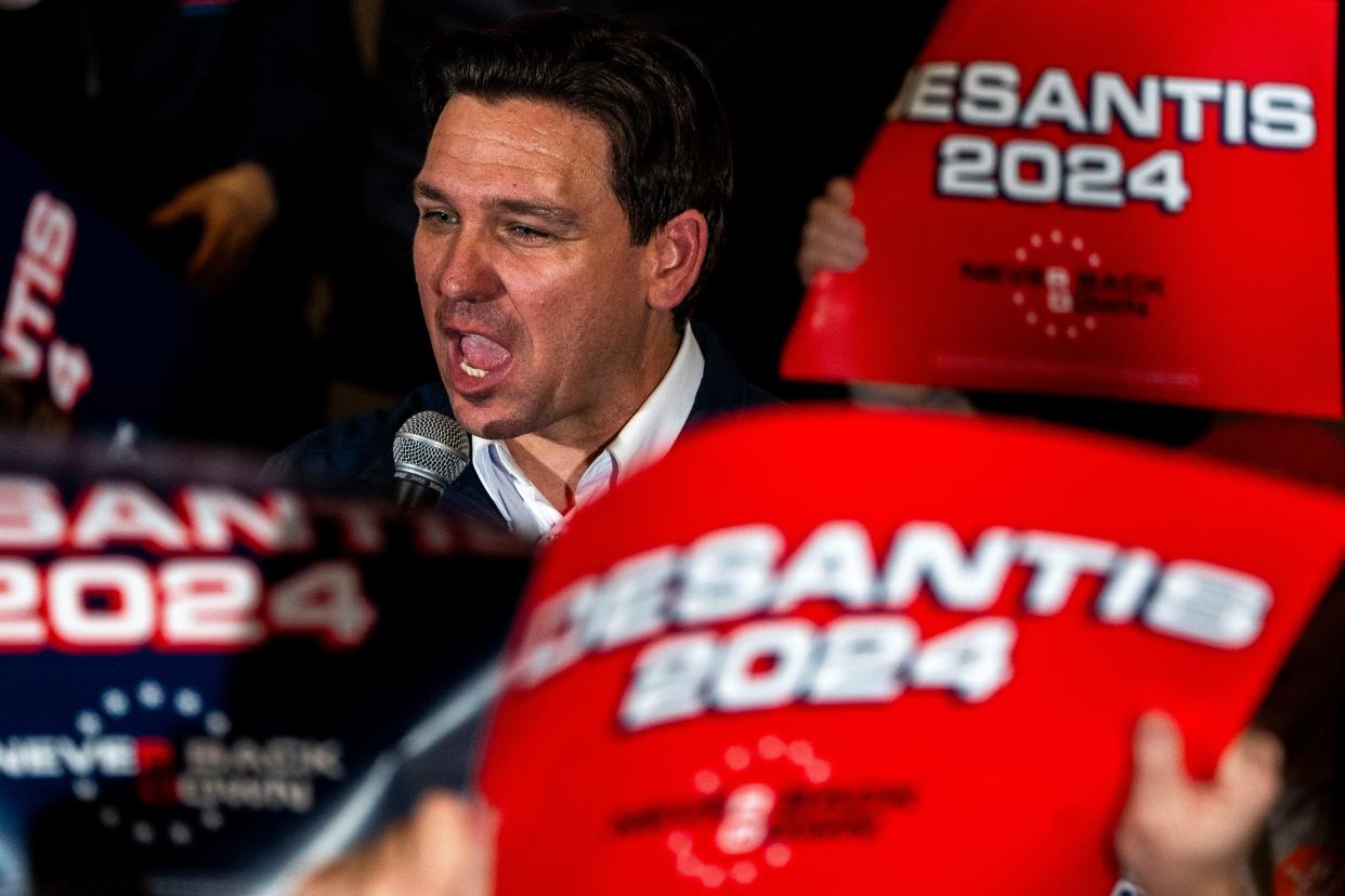 Florida Gov. Ron DeSantis speaks during a campaign stop on Sunday, Jan. 14, 2024, at The District Venue in Ankeny.