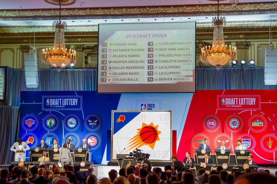The final draft picks are displayed during the 2018 NBA draft lottery at the Palmer House Hilton in Chicago.
